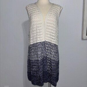 Chico’s Open Knit Ombre Sleeveless Cardigan Vest Blue Gray Cream Medium/Large